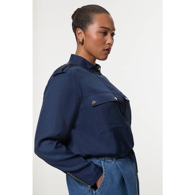 Plus Size Premium Viscose Linen Topstitch Woven Bomber Jacket - Navy