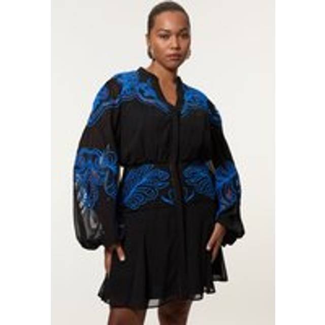 Plus Size Cutwork Beaded Embroidered Woven Mini Dress - Black