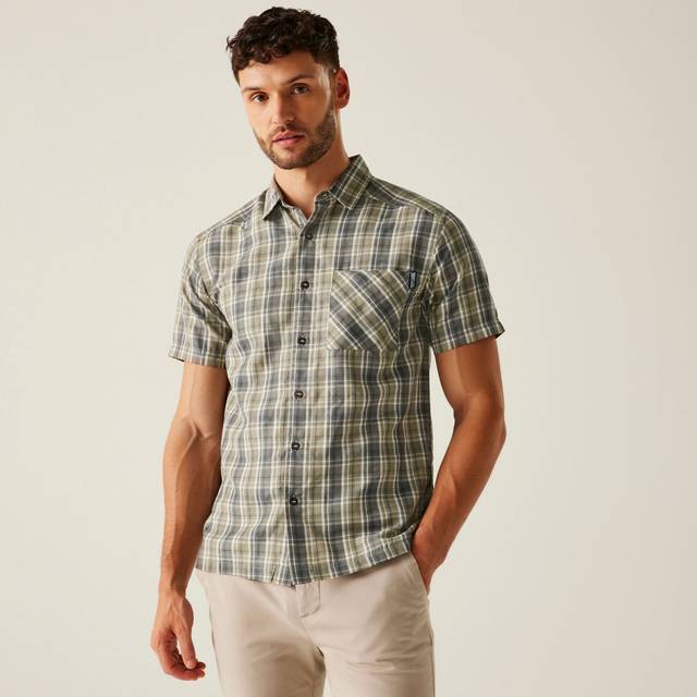 Regatta Men's Quick-drying Mindano IX Short Sleeve Shirt Golden Sand Treetop Stone White Check, Size: L - Brown