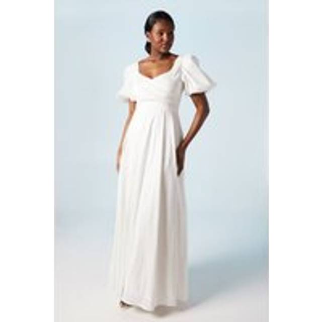 Puff Sleeve Wrap Bodice Fit And Flare Wedding Dress - Ivory - 10
