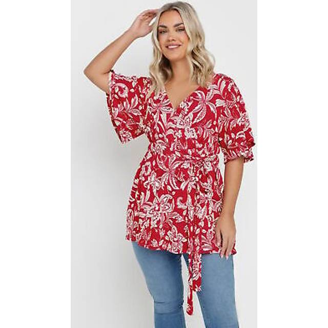 Yours Curve Red Floral Print Textured Wrap Top, Women's Curve & Plus Size, Yours - 26-28