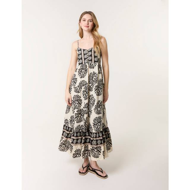 Blue Vanilla Black Abstract Strappy Button Front Maxi Dress