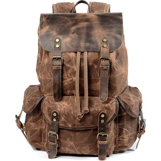 Men's Leather Backpack, Waxed Canvas Carry On Travel Backpack