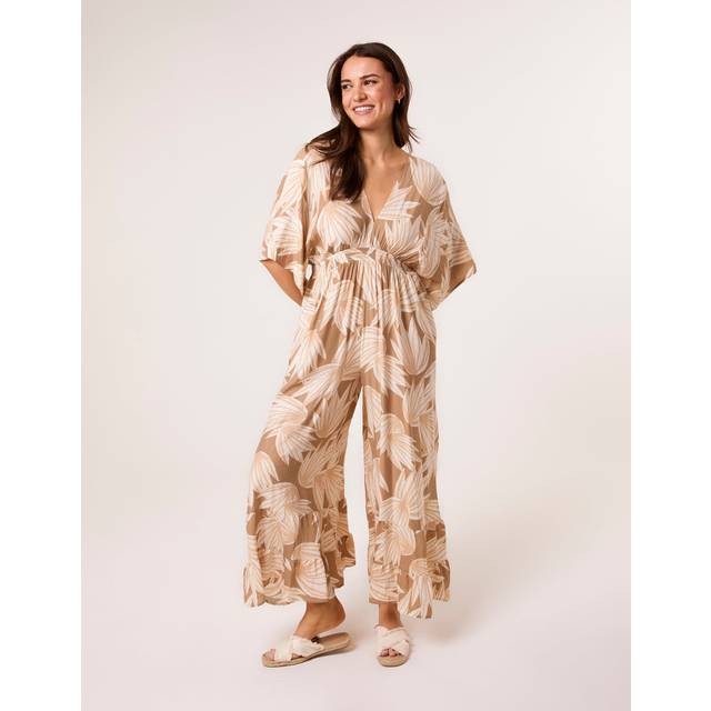 Blue Vanilla Mocha Printed Leaf Wide Leg Jumpsuit - s/m