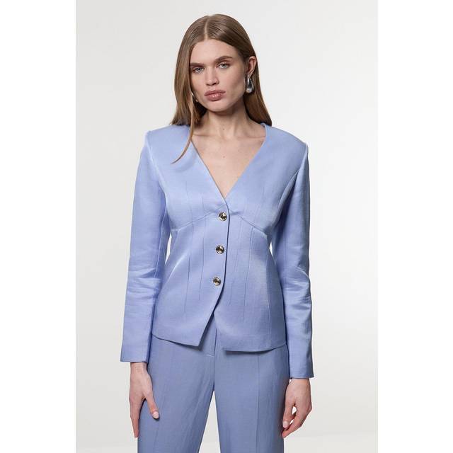 Premium Viscose Linen Tailored Darted Single Breasted Jacket - Blue - 14