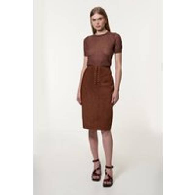 Suede Lace Up Pencil Skirt - Tan