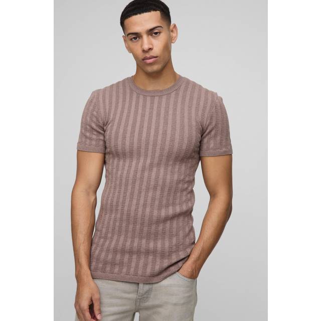 Muscle Fit Ribbed Knitted T-Shirt - Beige - XL