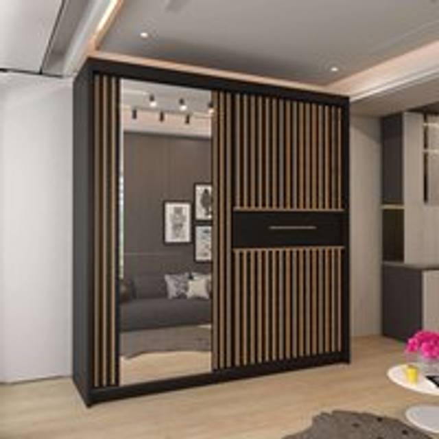Clothify Single Mirror Sliding Door Wardrobe 150cm X 217cm - Black - One Size