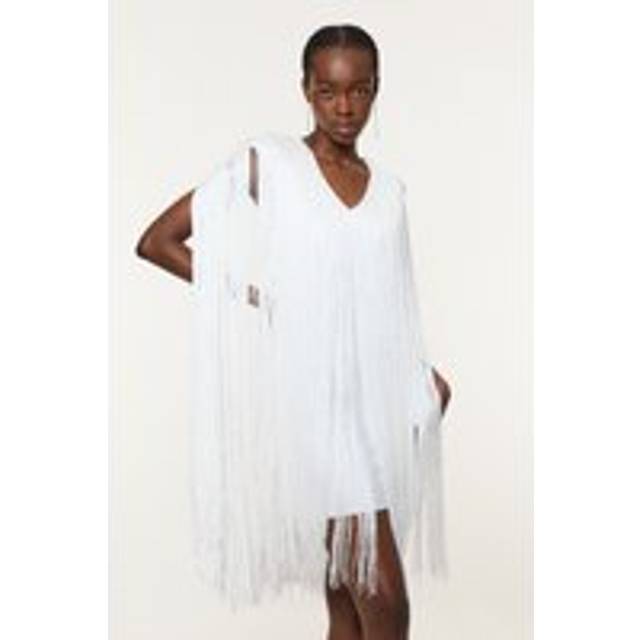 Figure Form Bandage Knit V Neck Fringe Mini Dress - White