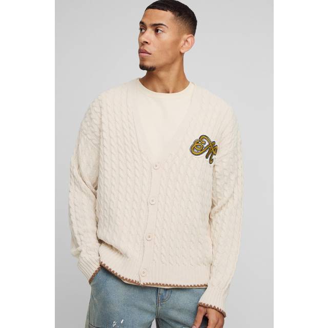 Boxy Fit Varsity Applique Cable Knitted Cardigan - Cream - M