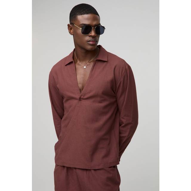 Oversized Wrap Front Long Sleeve Linen Blend Shirt - Brown - S
