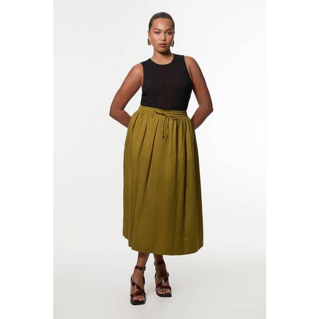Plus Size Viscose Linen Tie Waist Woven Full Maxi Skirt - Khaki/Green
