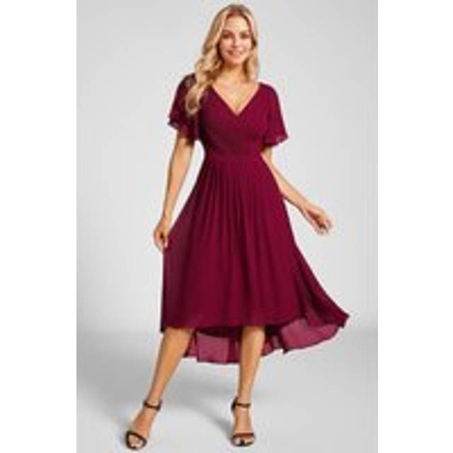 Spring V Neck Ruffle Sleeve Ruched Midi Wedding guest dresses - Burgundy - 22