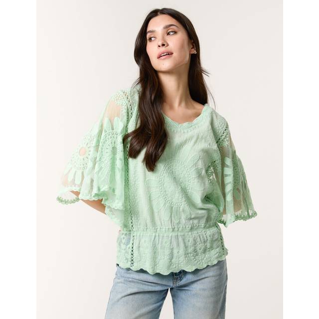 Blue Vanilla Sage Sun Flower Lace Sleeve Blouse - s/m