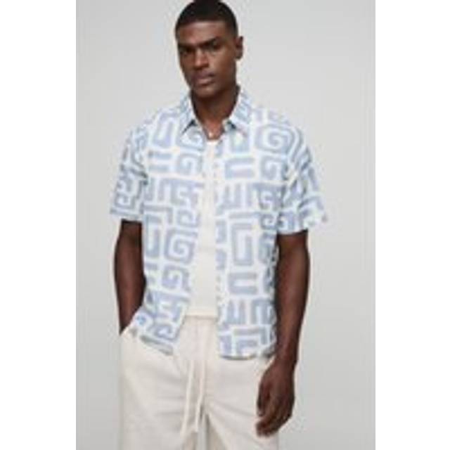 Mens Light Blue Oversized Abstract Linen Blend Collared Shirt