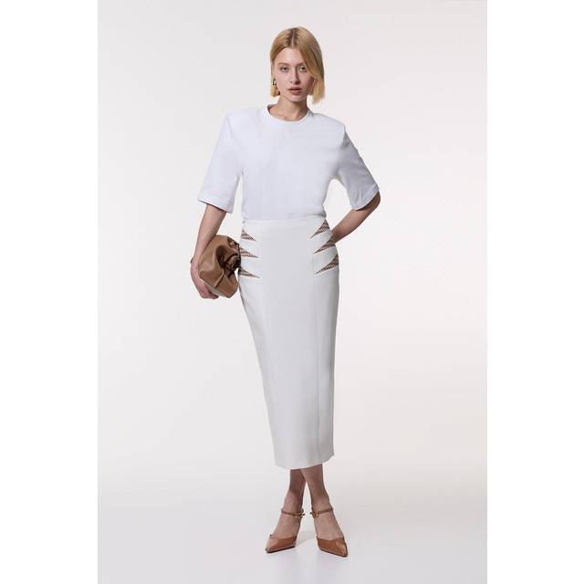 Compact Stretch Jacquard Insert Midi Pencil Skirt - Ivory