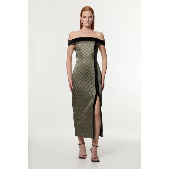 Geo Jacquard Velvet Mix Tailored Bardot Midi Dress - Geo