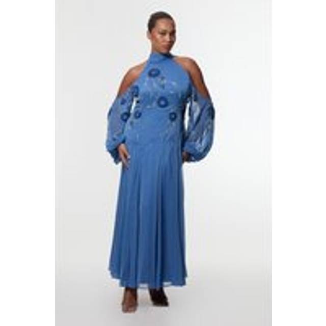 Plus Size Cold Shoulder 3D Floral Applique Woven Maxi Dress - Blue