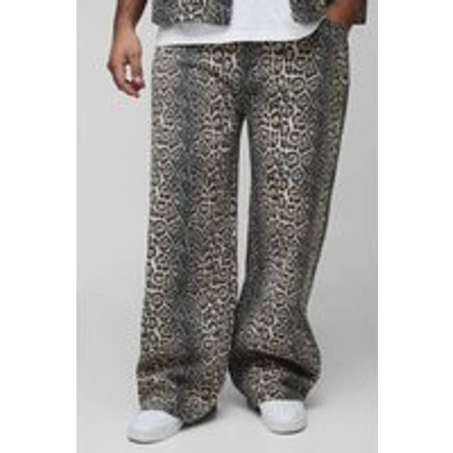 Mens Tan Plus Washed Leopard Relaxed Jeans