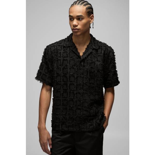 Oversized Tufted Texture Zip Up Shirt - Black - XL