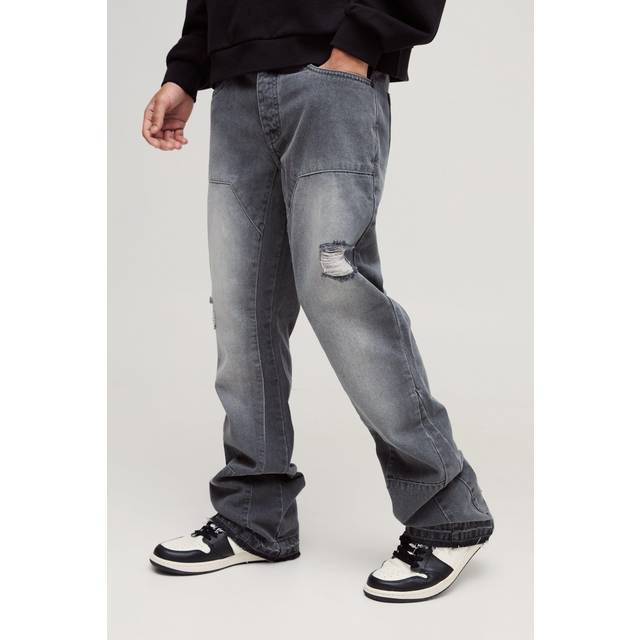 Slim Rigid Flare Carpenter Ripped Gusset Denim Jeans - Grey - 32R