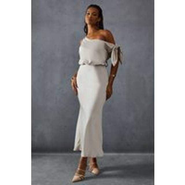 Womens Premium Satin Off Shoulder Fishtail Bridesmaid Dress - Beige - 6