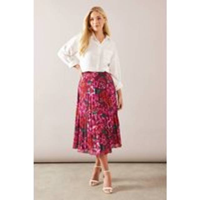 Womens Petite Floral Chiffon Pleated Skirt - Pink - 16