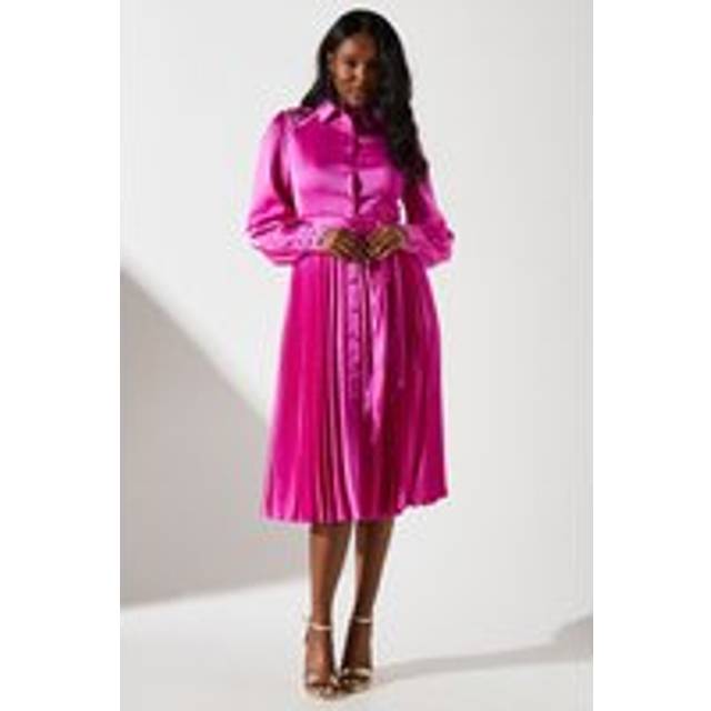 Pleated Satin Shirt Dress - Pink - 10