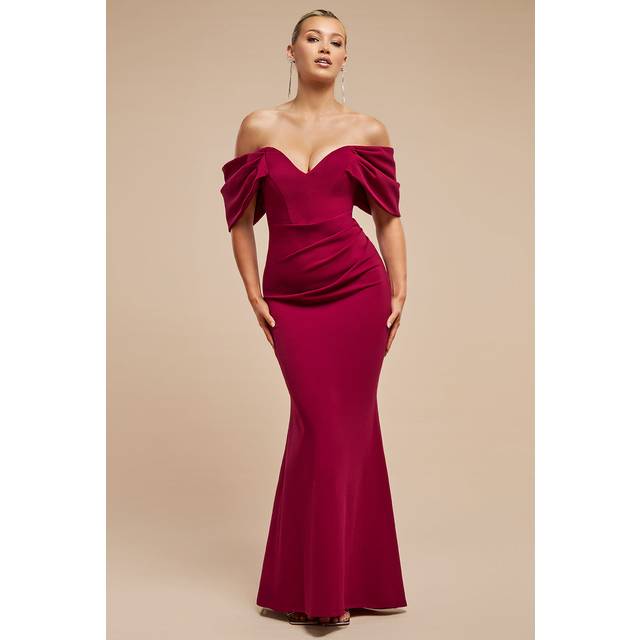 Off The Shoulder Draped Sleeve Maxi Dress - Burgundy by Goddiva - 12