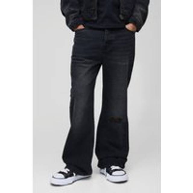 Mens Relaxed Flare Washed Black Ripped Knee Jeans