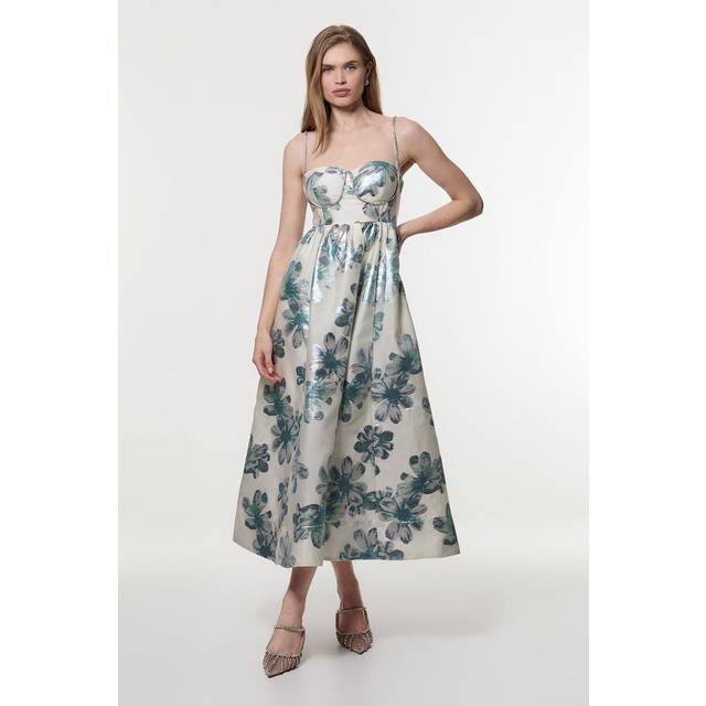 Petite Diamante Trim Bodice Detail Metallic Jacquard Midi Dress - Blue