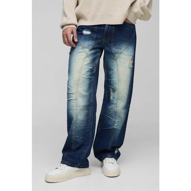 Relaxed Rigid Distressed Panelled Crinkle Wash Denim Jeans - Blue - 30R