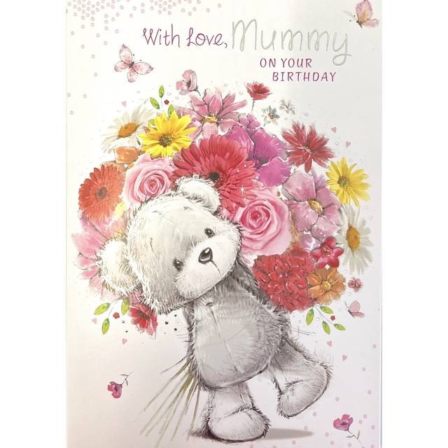 Mummy birthday card - bear bunch of flowers butterflies & silver foil 7.75x5.25"