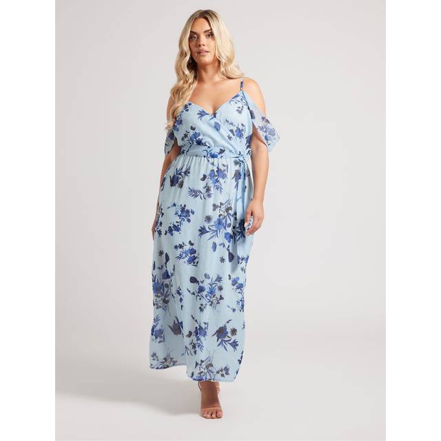 Yours London Curve Blue Metallic Floral Wrap Midaxi Dress, Women's Curve & Plus Size, Yours London - 18