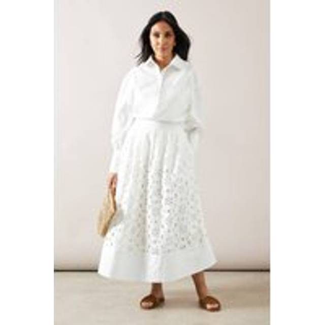 Womens Broderie Midi Skirt - White - 8