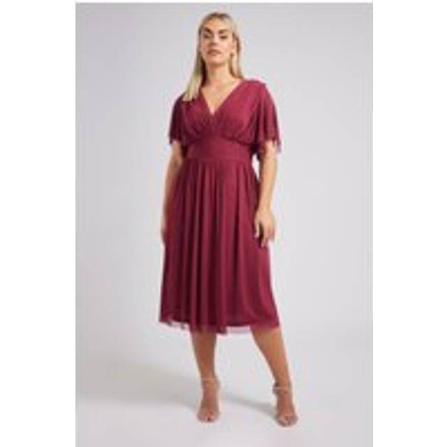 Yours London Curve Burgundy Red Pleated Vneck Mesh Midi Dress, Women's Curve & Plus Size, Yours London - 26-28