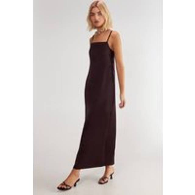 Womens Satin Square Neck Maxi Slip Dress - Brown - 14