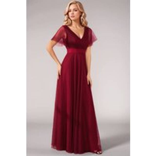 Elegant spring V Neck Ruffle Sleeve Ruched Empire Waist A line Maxi Evening Dress - Burgundy - 16
