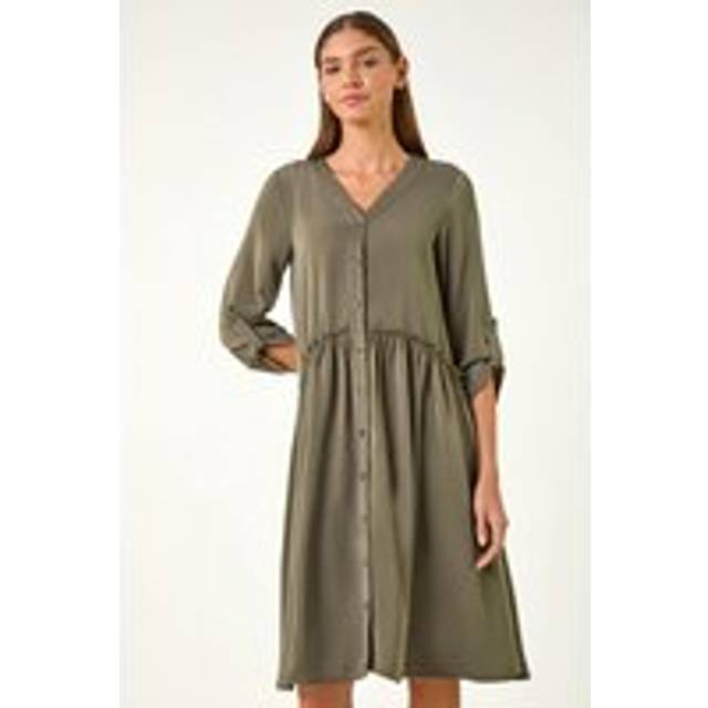 Satin Drop Waist Smock Dress - Khaki - 10