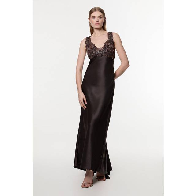 Satin Guipure Lace Woven Maxi Slip Dress - Brown