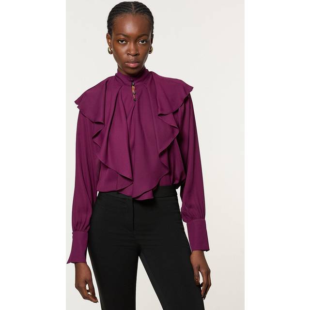 Ruffle High Neck Georgette Woven Blouse - Red