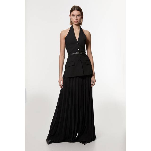 Compact Stretch Halter Neck Pleated Wide Leg Jumpsuit - Black
