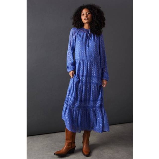 Warehouse Womens Metallic Jacquard Dobby Lace Insert Midi Smock Dress - Blue - Size 8 UK