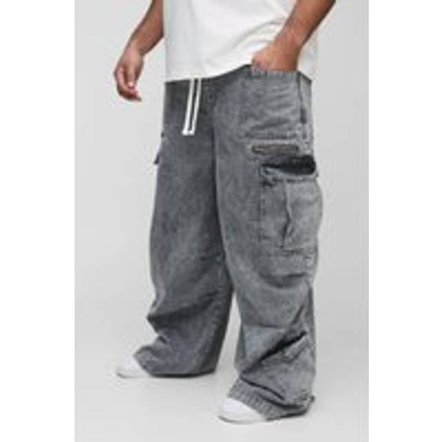 Plus Elasticated Waist Acid Wash Parachute Cargo Jeans - Grey - 46