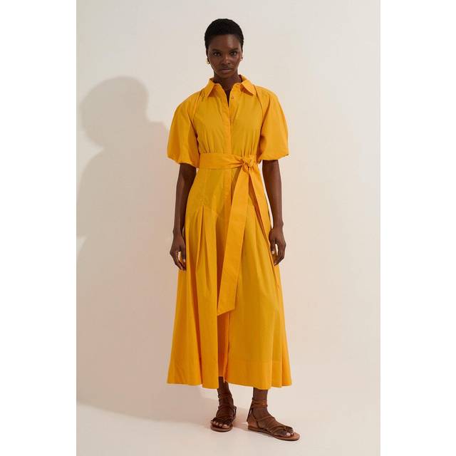 Cotton Puff Sleeve Woven Midi Shirt Dress With Dropped Waist Detail - Mango