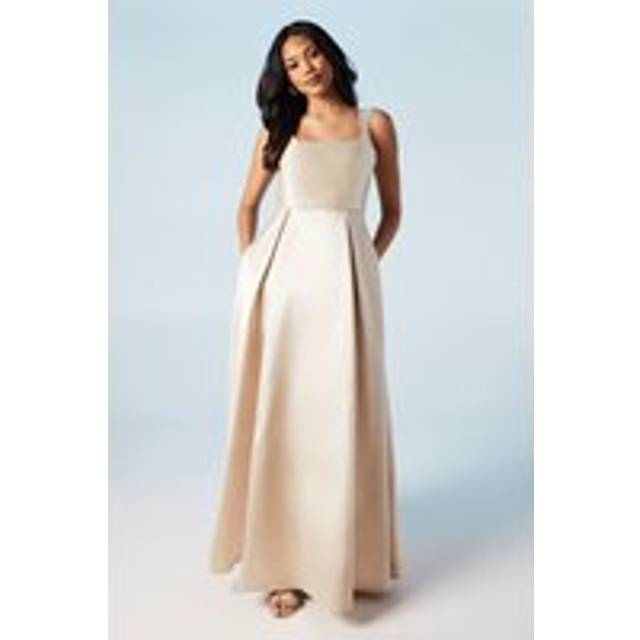 Scoop Neck Full Skirted Twill Bridesmaids Dress - Champagne - 10