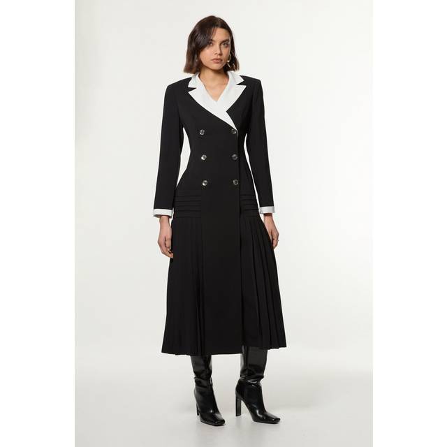 Long Sleeve Contrast Collar Pleated Button Detailed Woven Midi Dress - Mono