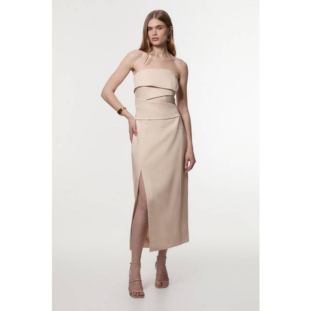 Premium Linen Structured Pleated Bandeau Tailored Midi Pencil Dress - Neutral - 8
