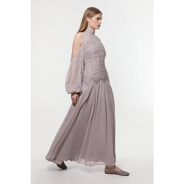 High Neck Embellished Ruched Georgette Woven Maxi Dress - Silver