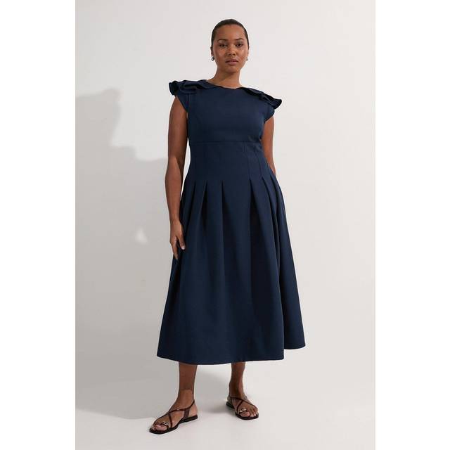 Plus Size Structured Crepe Ruffle Shoulder Tailored Full Skirted Midi Dress - Navy
